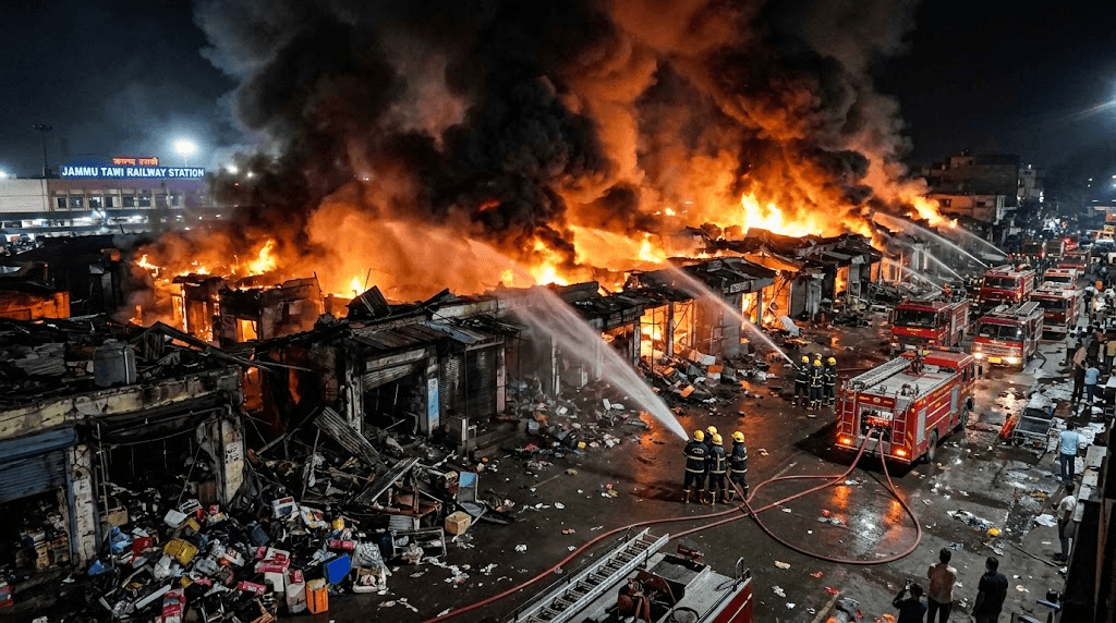 Devastating Blaze in Jammu: Massive Fire Engulfs Shiv Market Near Railway Station Devastating Blaze in Jammu: Massive Fire Engulfs Shiv Market Near Railway Station